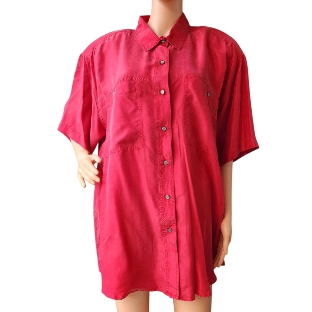Vtg Partners Woman 100% Silk Button Up Red Collared Shirt Short Sleeve Blouse 2X